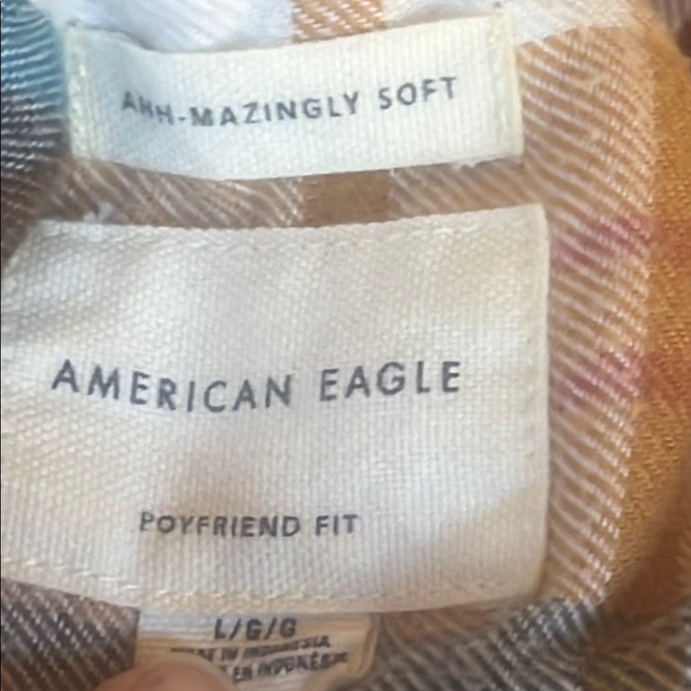American Eagle AHH -AMAZINGLY Soft Boyfriend Fit Tan Plaid Flannel Womens Size L - Picture 6 of 6